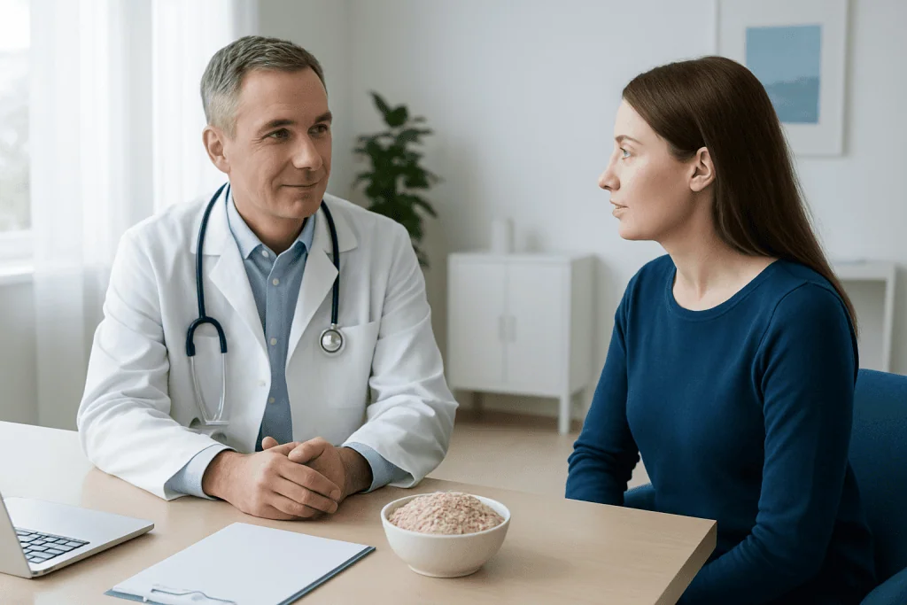 Doctor consulting with a young woman in a medical office setting.