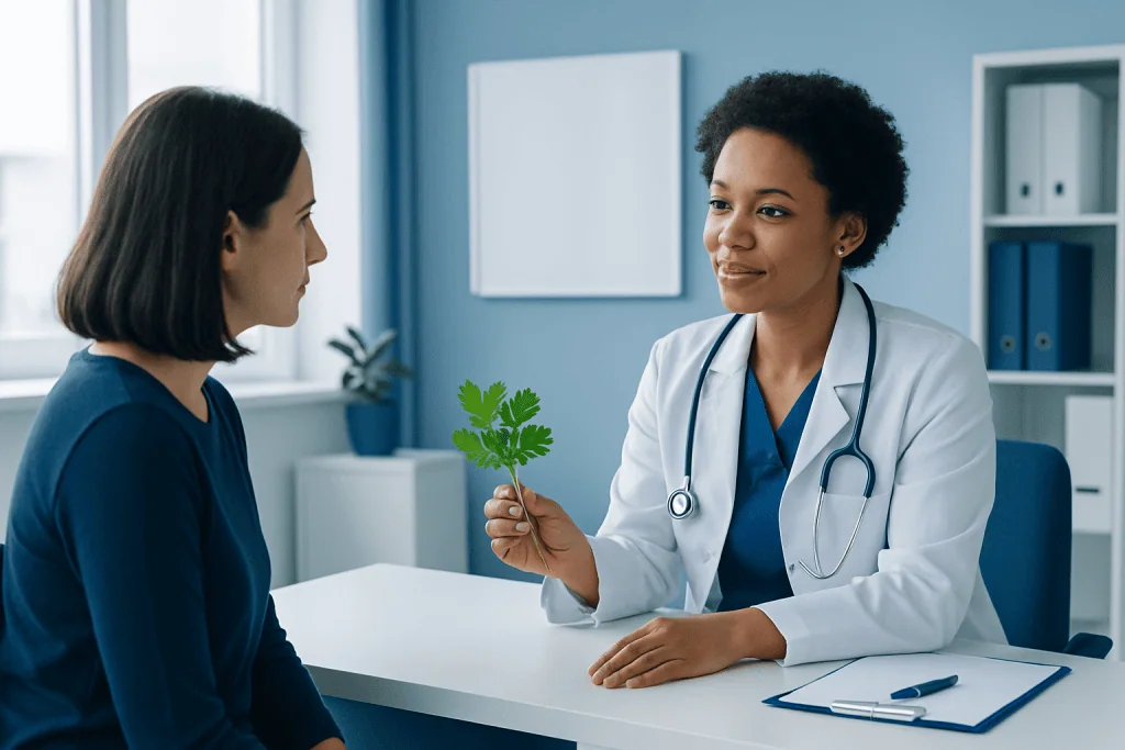 Doctor explaining parsley benefits to a patient in a medical consultation.