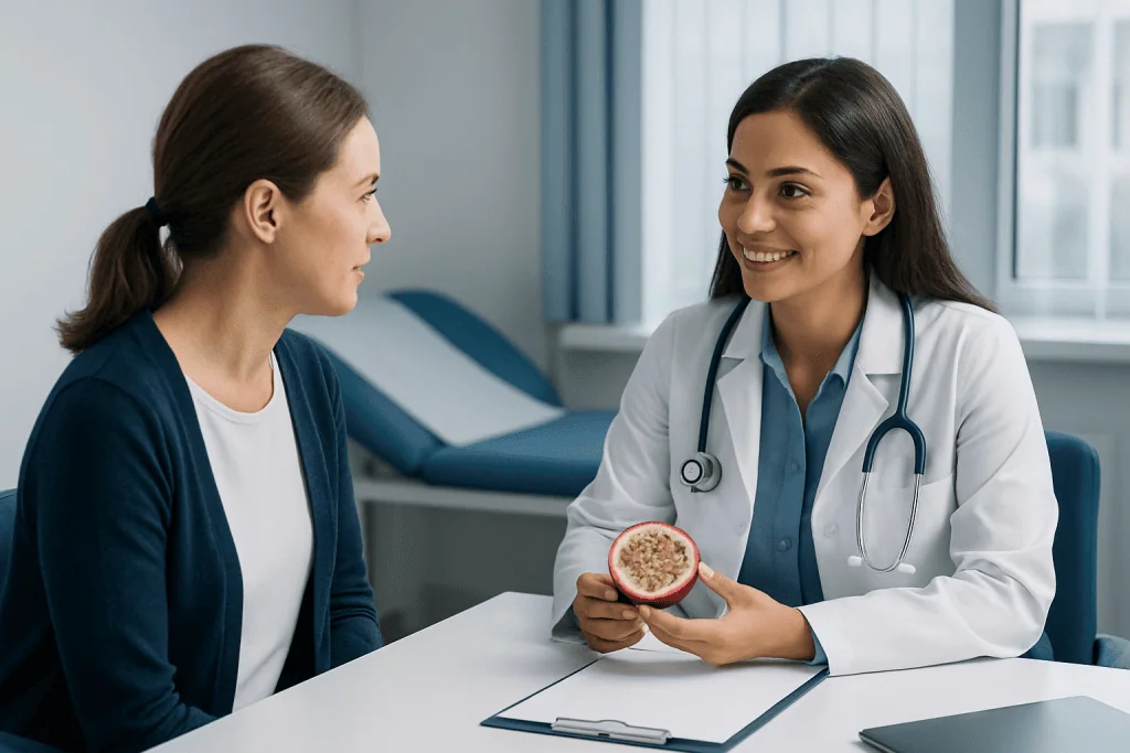 Doctor explaining passion fruit health benefits to patient in clinic.