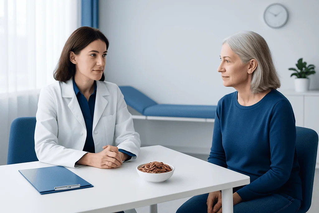 Doctor consulting with an elderly patient about health in a clinic setting.