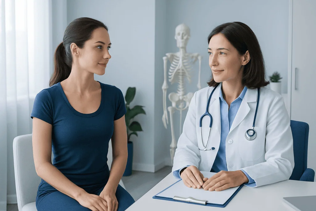 Medical consultation between a doctor and a patient in a clinic setting.