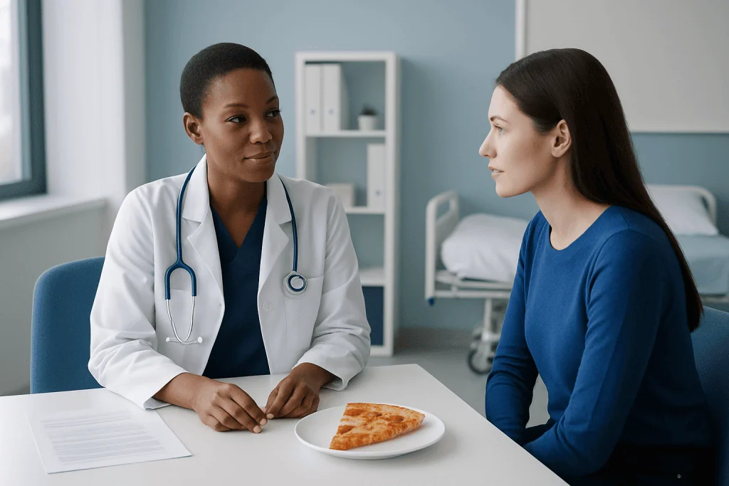 Doctor consulting patient about diet with pizza on table in hospital setting.