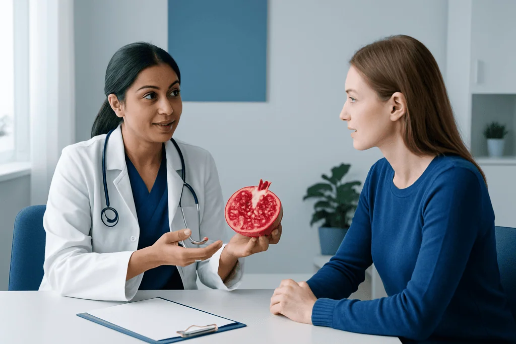 Doctor explaining pomegranate health benefits to patient in clinic.