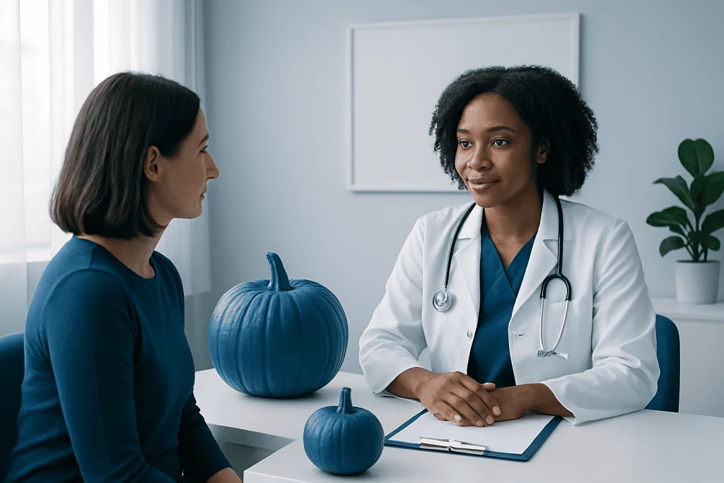 Doctor consulting with patient in a medical office with pumpkins on the table.