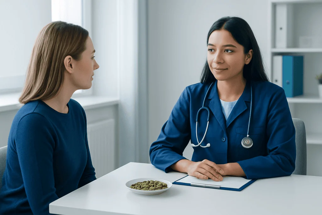 Doctor consulting with patient in a medical office setting.