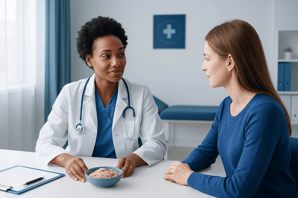 Doctor consulting with patient in a medical office setting.