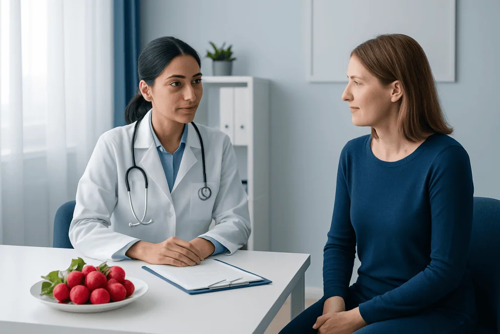 Doctor consulting patient in a medical office with a bowl of radishes on the table.