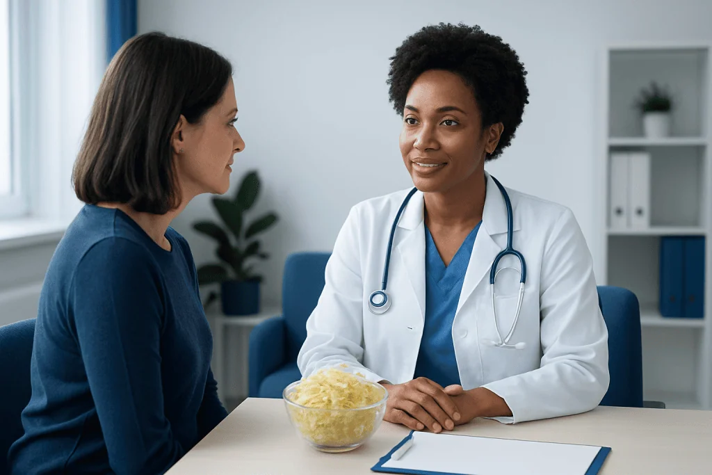 Doctor consulting with patient in a medical office setting.