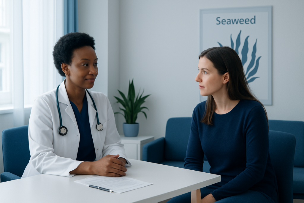 Doctor consulting with a patient in a medical office with seaweed poster.