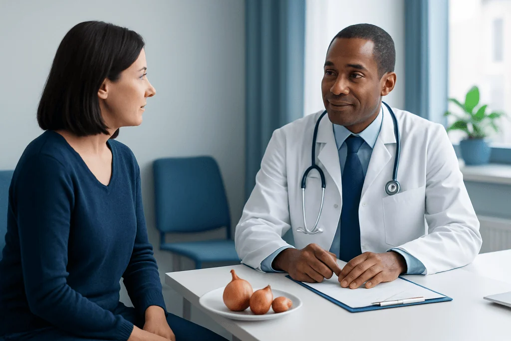 Doctor consulting with female patient in a medical office setting.