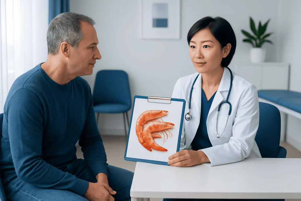 Doctor explains shrimp health benefits to patient using a diagram.
