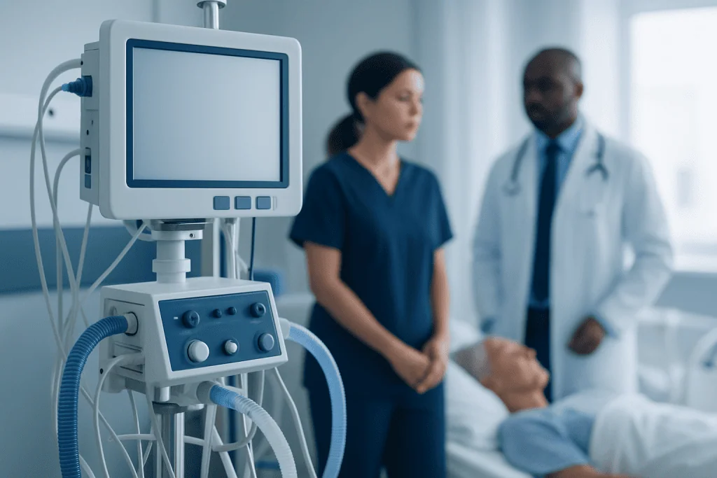 Medical professionals discussing patient care in a hospital room with ventilator equipment.