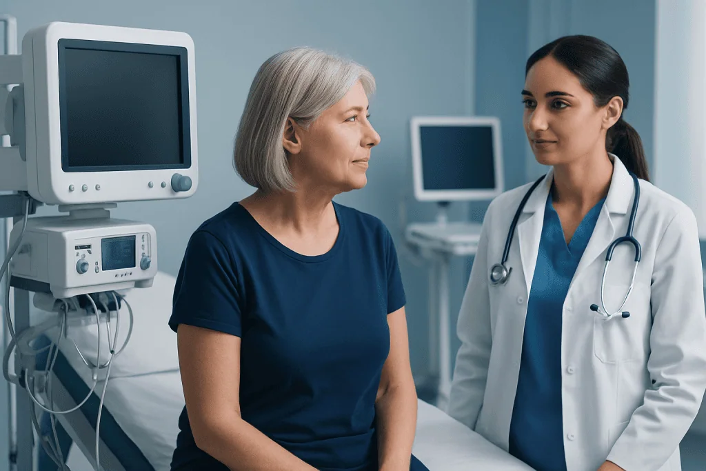 Doctor consulting with an elderly female patient in a hospital room.
