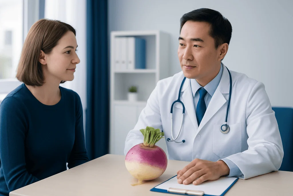 Doctor and patient discussing health with a turnip on the table.