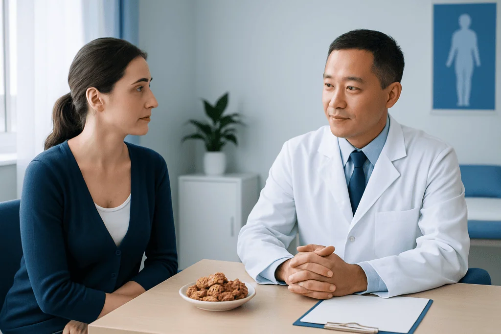Doctor consulting with a female patient in a medical office.