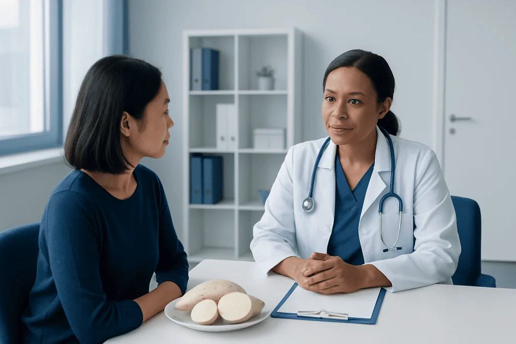 Doctor consulting patient in a medical office with a plate of white sweet potatoes.