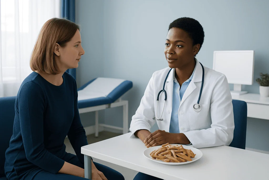 Doctor discussing dietary advice with patient in hospital setting.