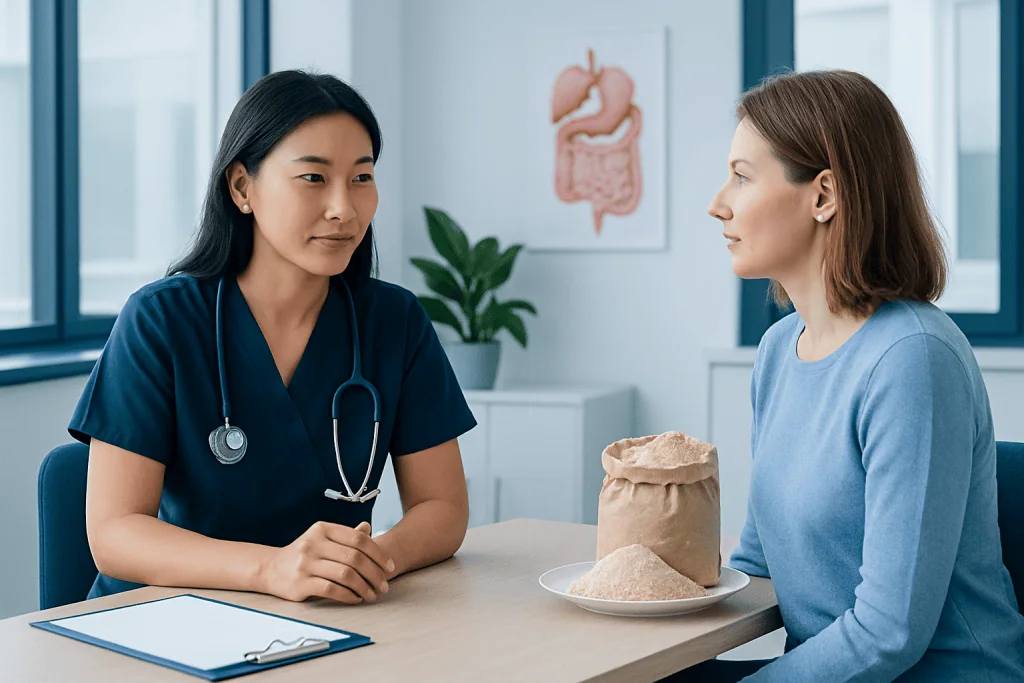 Doctor consulting with patient about dietary fiber and wholegrain flour health benefits.