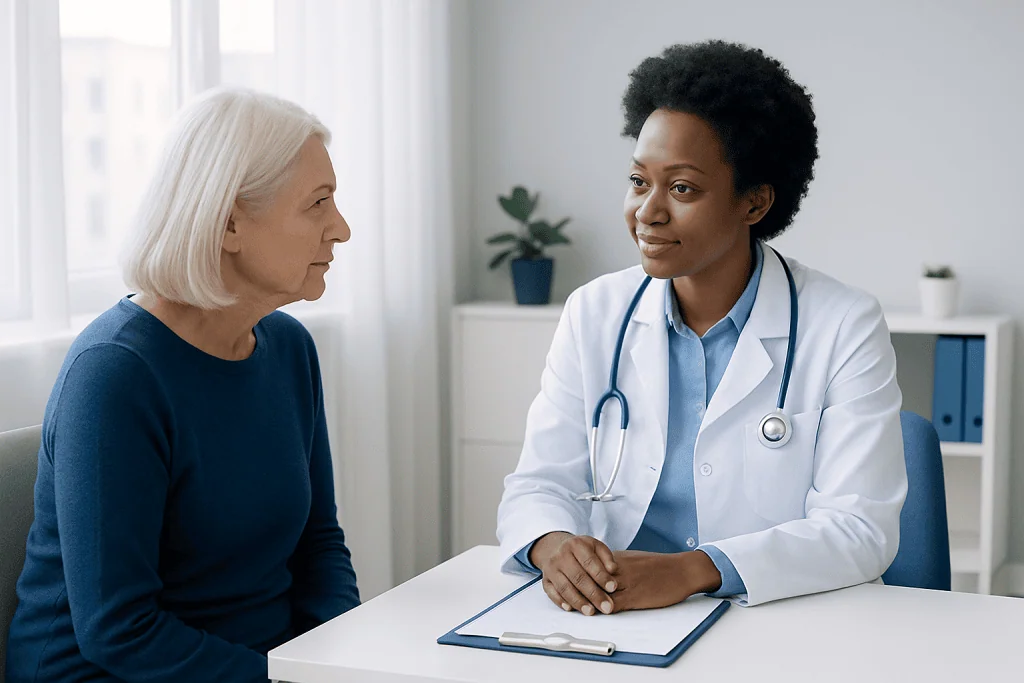 Doctor consulting with an elderly female patient in a medical office.