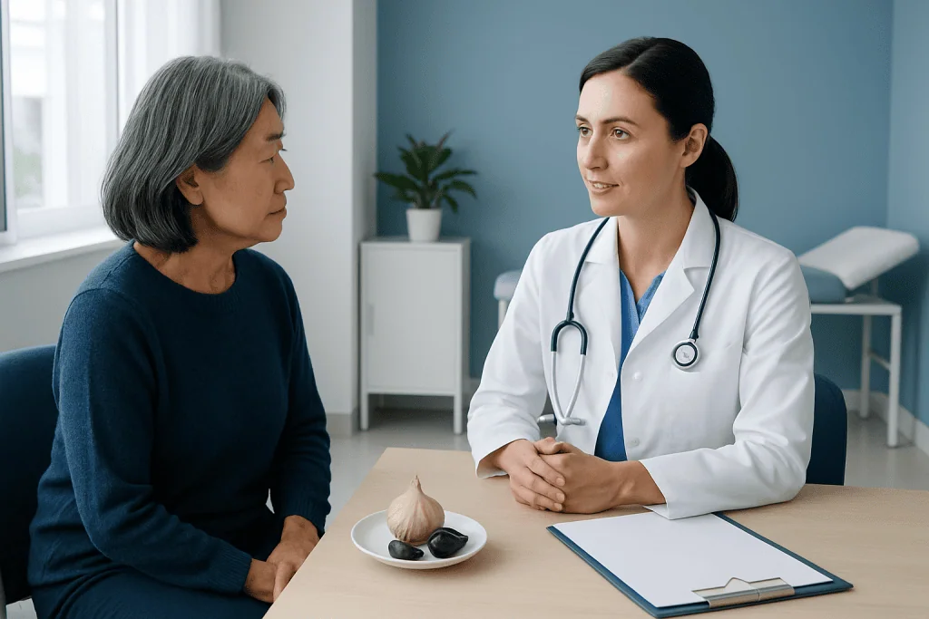 Doctor consulting with an elderly female patient in a medical office.