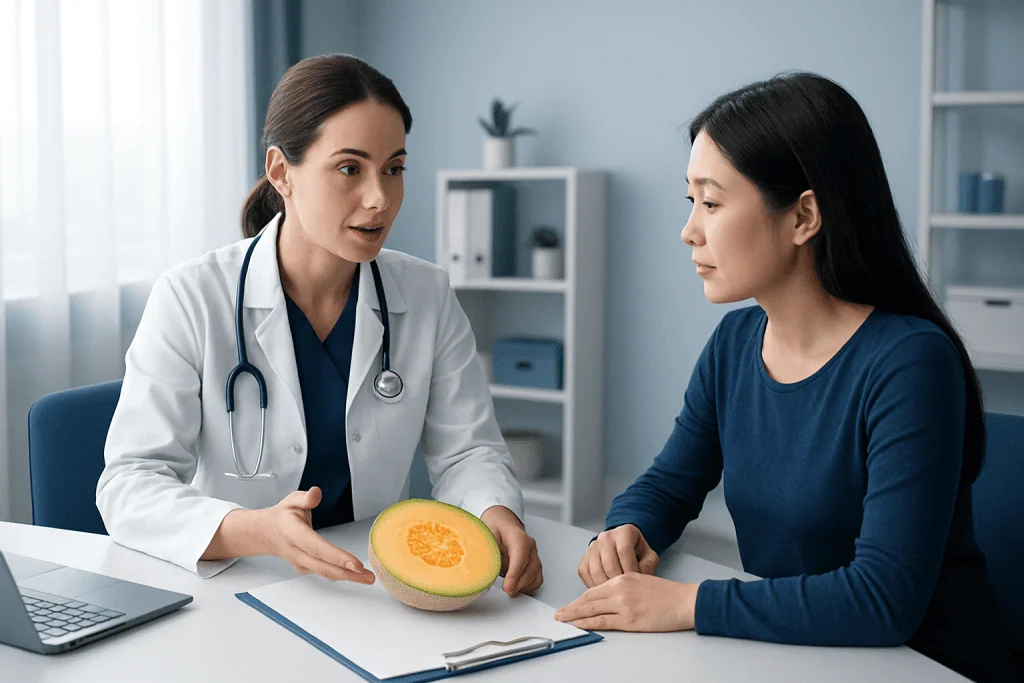 Doctor explaining health benefits of cantaloupe to patient in clinic.
