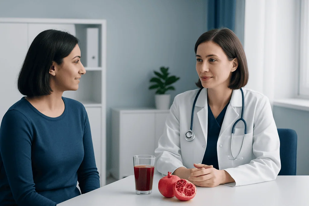 Doctor consulting with a patient about pomegranate juice health benefits.