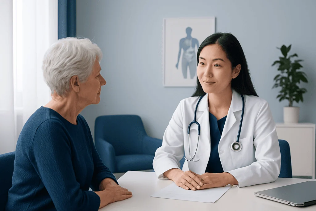 Doctor consulting with elderly patient in a medical office.