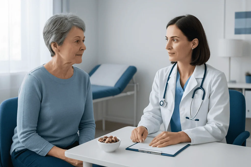 Doctor consulting with an elderly woman in a medical office.