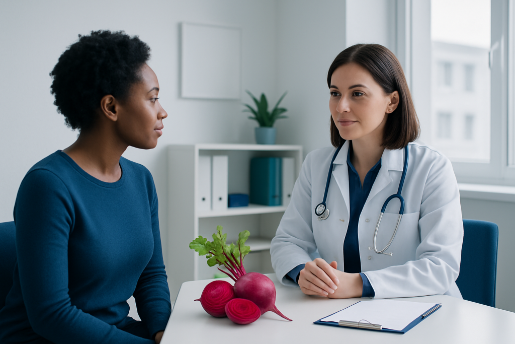 Doctor consulting patient about beetroot health benefits in a clinic setting.