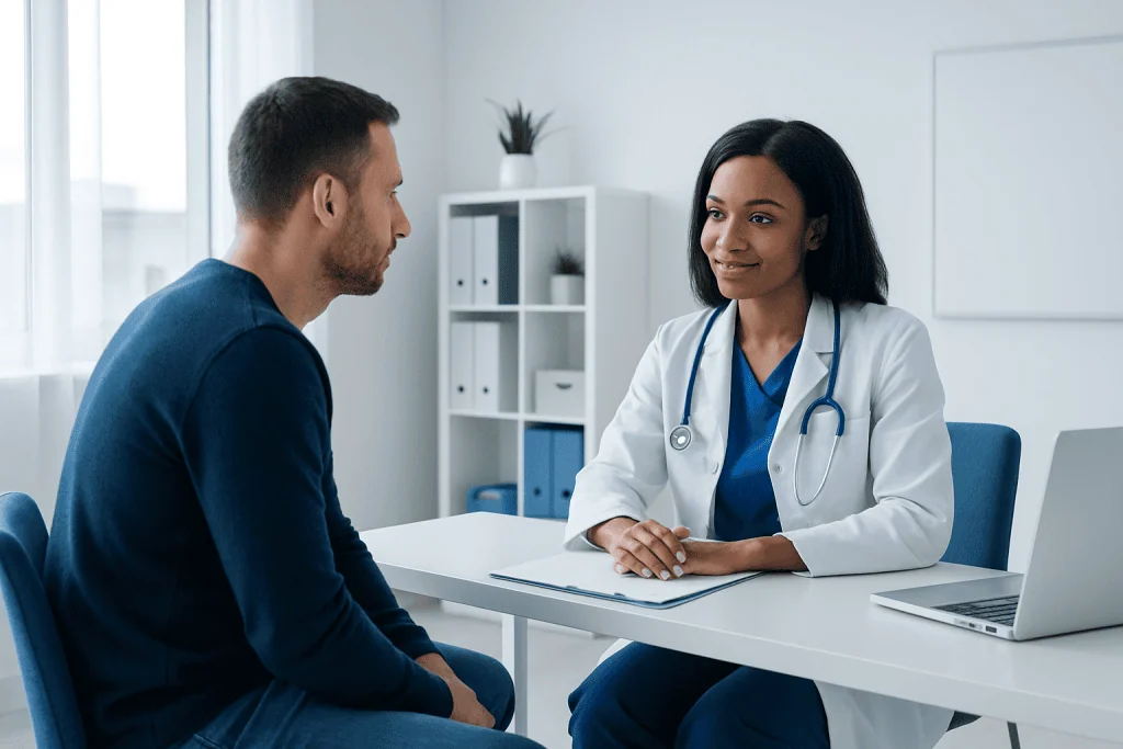 Doctor consulting with a patient in a modern medical office.