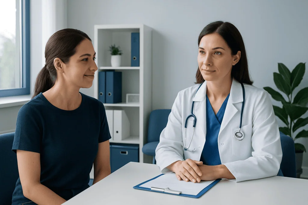 Doctor consulting with a patient in a modern clinic setting.