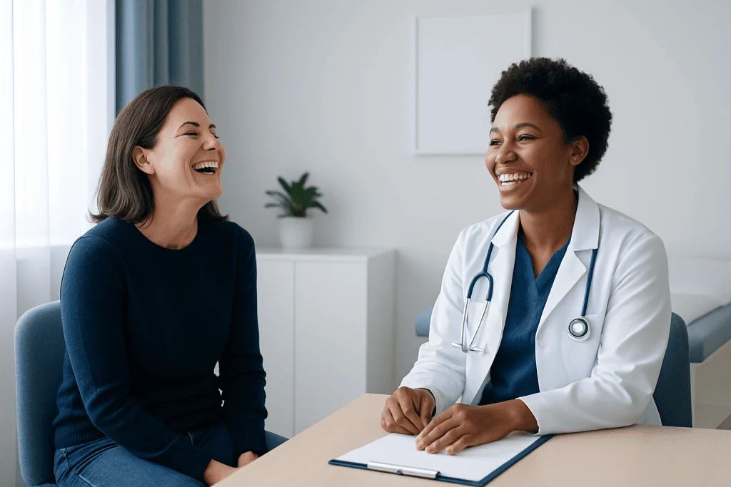Happy patient and doctor sharing a joyful moment in a medical consultation.