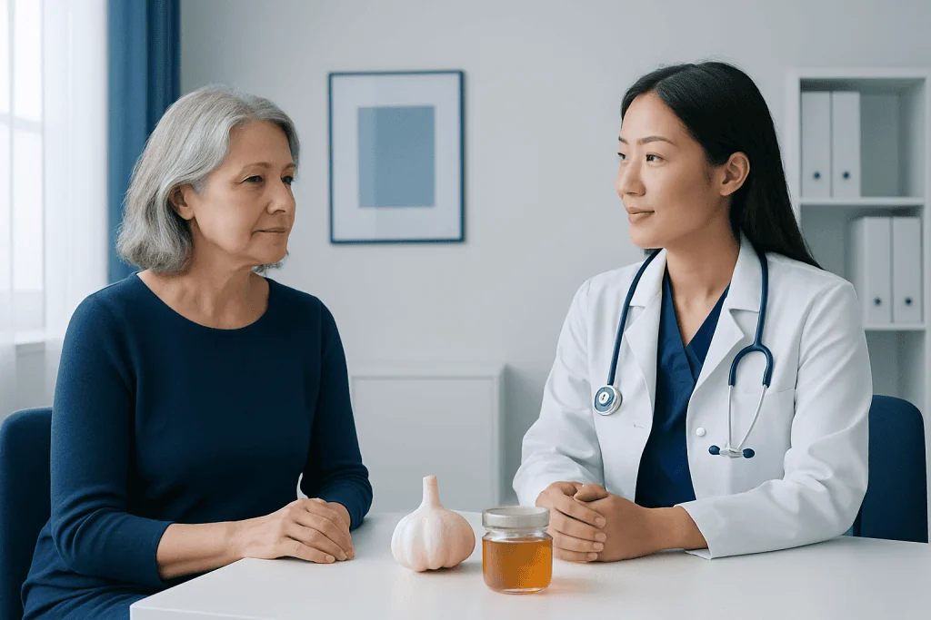 Doctor consulting with an elderly woman in a medical office.