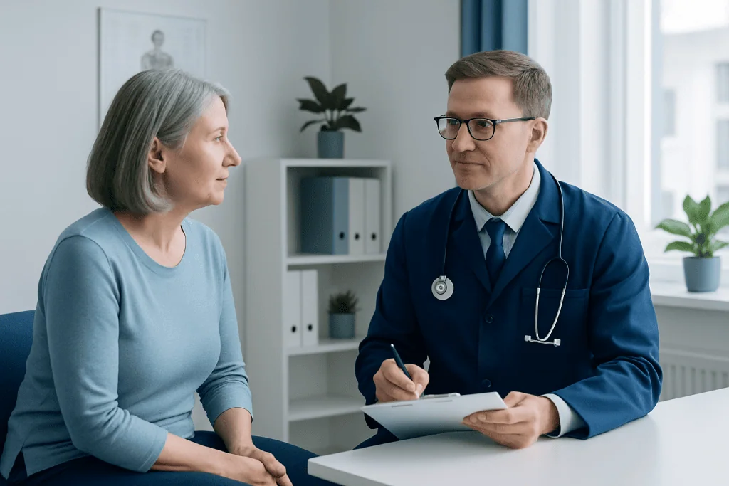 Doctor consulting with an elderly female patient in a medical office.