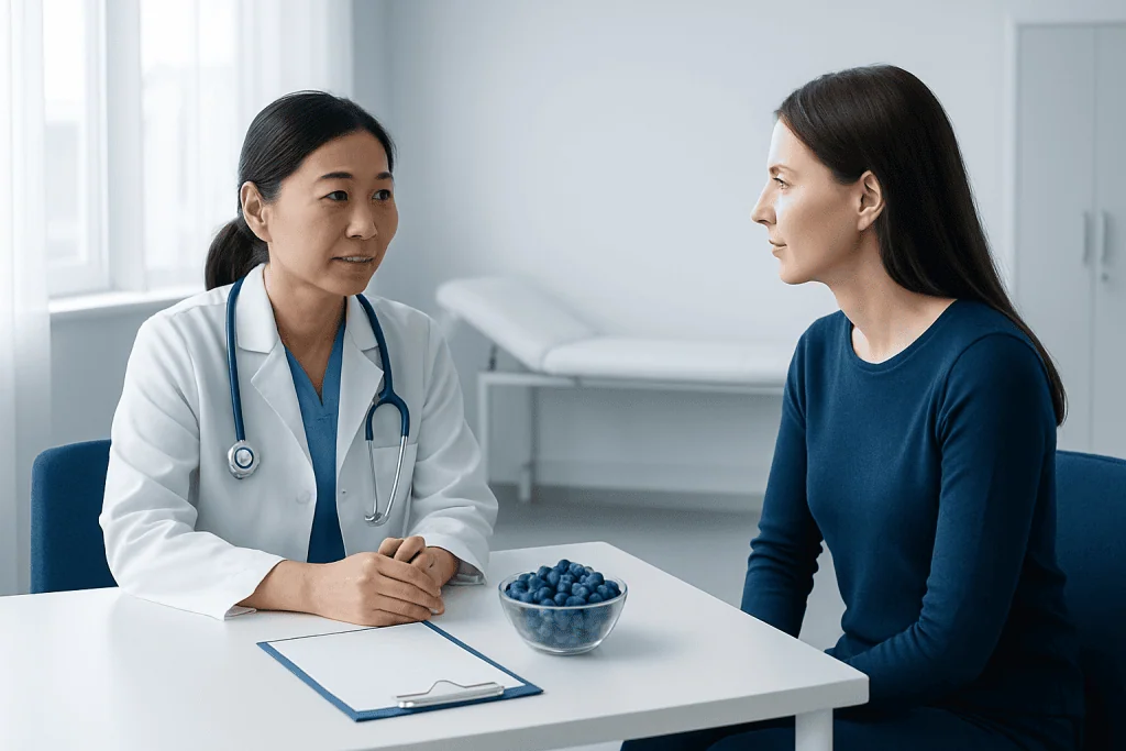 Doctor consulting with patient in a medical office with blueberries on the table.