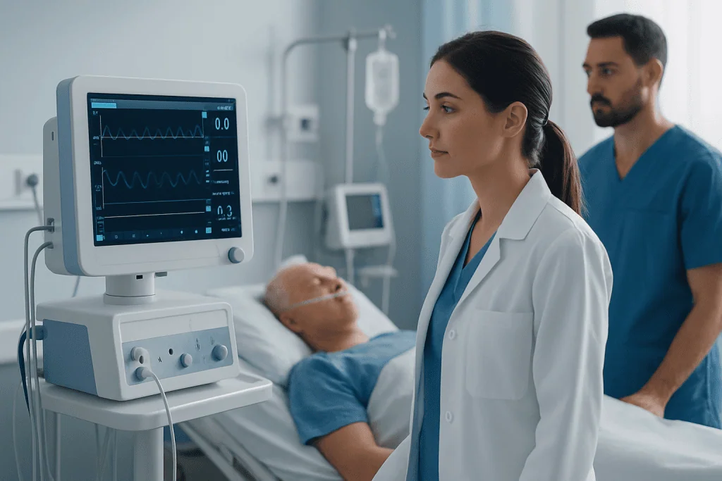 Medical professionals monitor patient vital signs in hospital ICU.