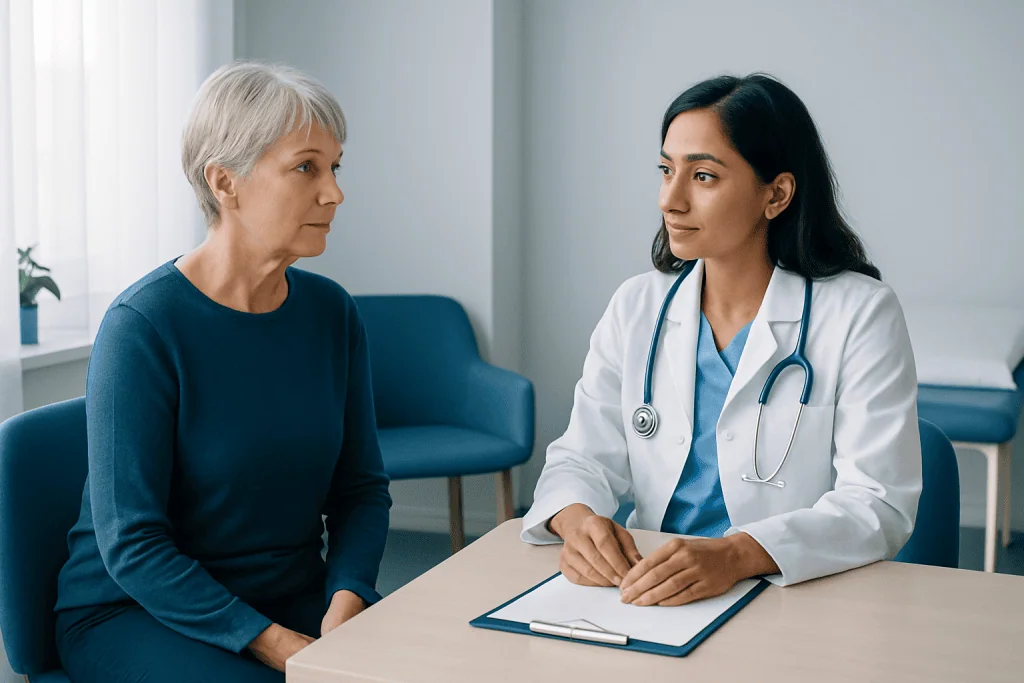 Doctor consulting with an elderly female patient in a medical office.