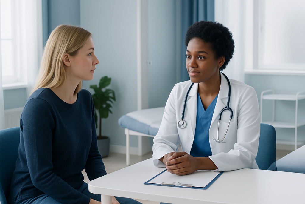 Doctor consulting with a patient in a medical office setting.