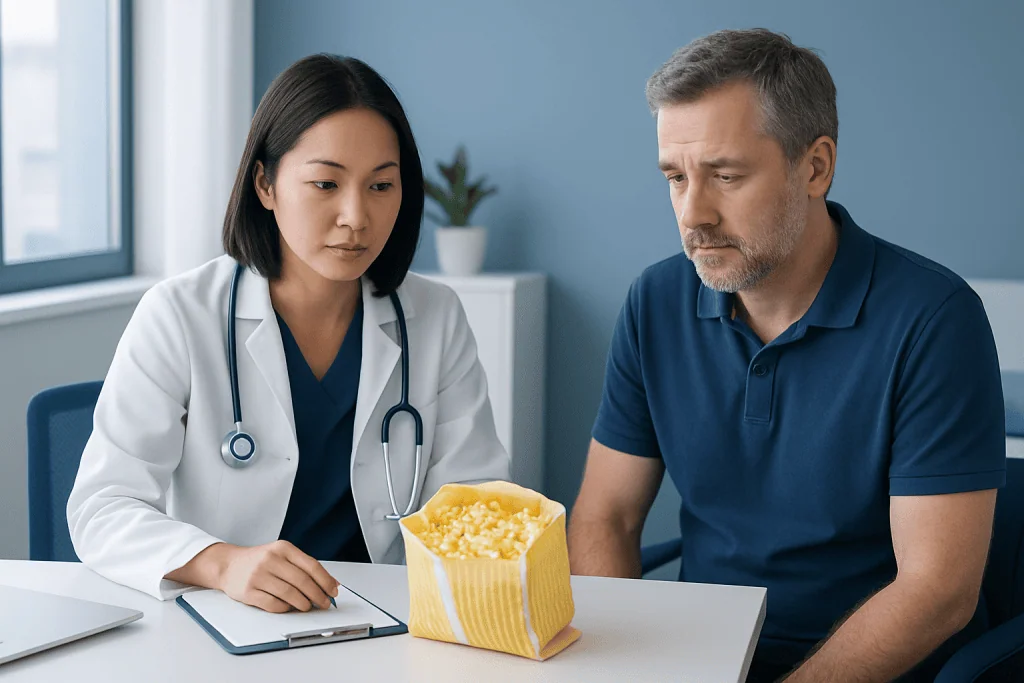Doctor and patient discussing health with popcorn on table in clinic.