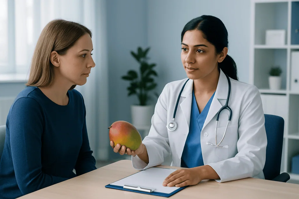 Doctor explaining mango health benefits to patient in consultation room.