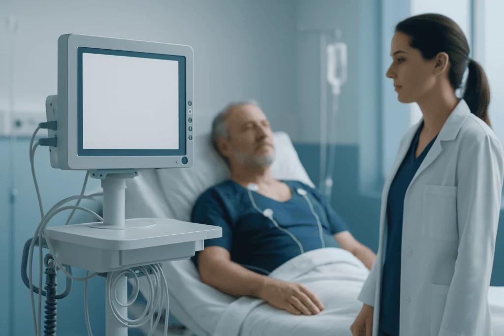 Doctor consulting with a patient in a hospital room with medical equipment.