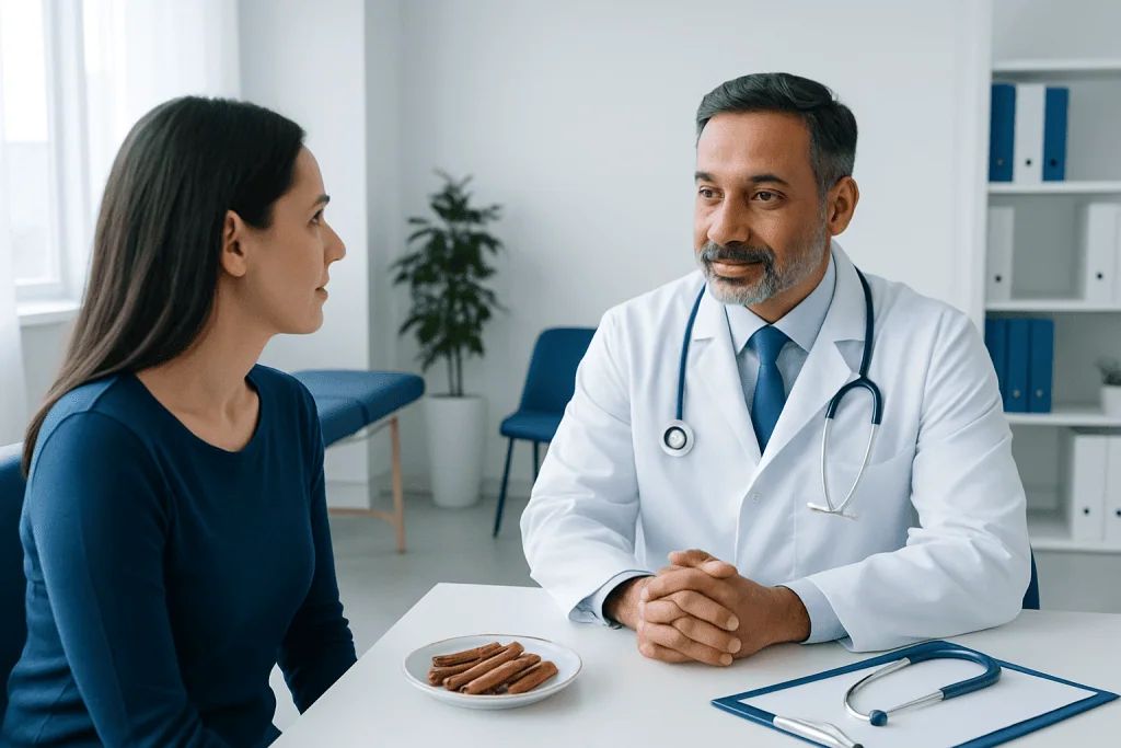 Doctor consulting with a patient in a modern medical office.