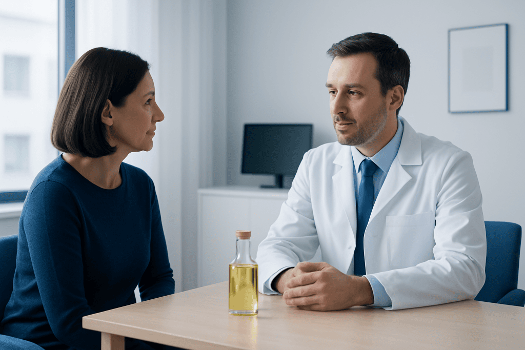 Doctor consulting with a female patient in a medical office setting.