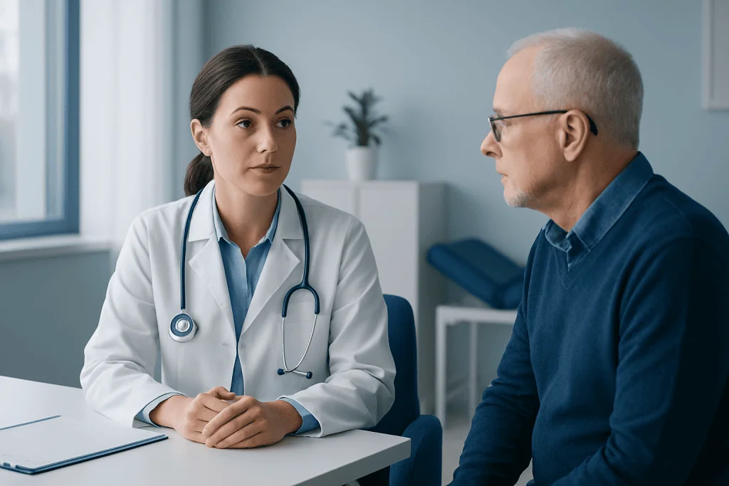 Doctor consulting with an elderly male patient in a medical office.