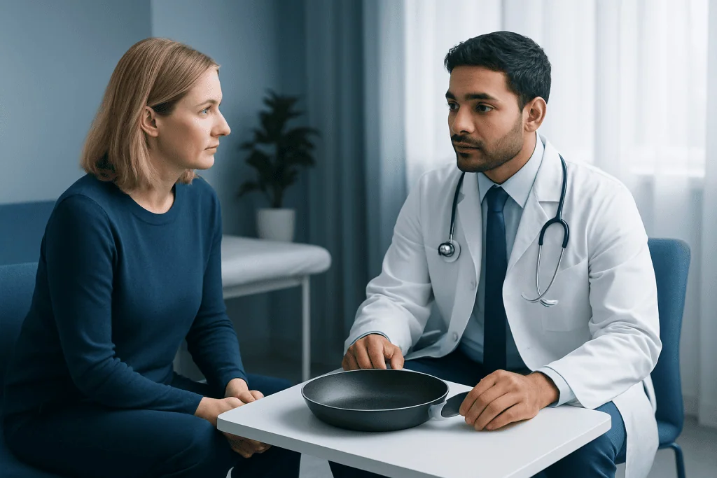 Doctor consulting with a female patient in a medical office setting.