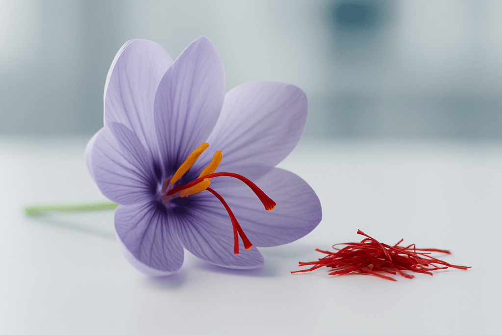 Close-up of a saffron crocus flower with red stigmas on a white background.