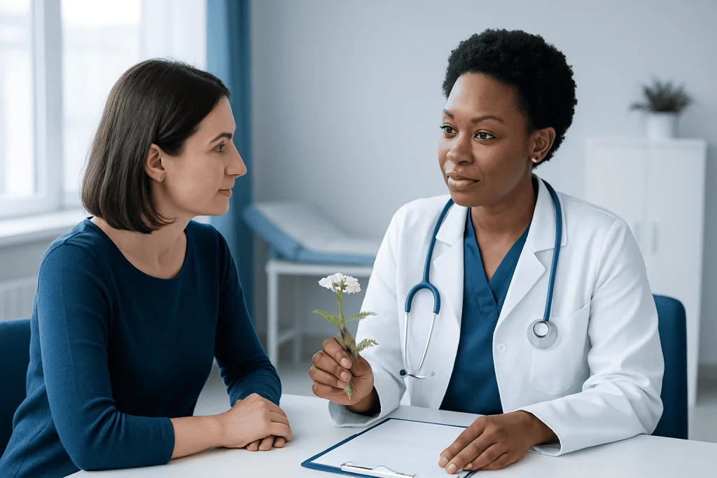 Doctor discussing with patient in a medical consultation room.