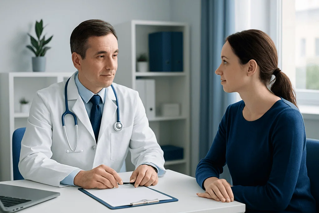 Doctor consulting with a female patient in a modern medical office.
