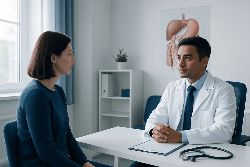 Doctor consulting with patient in a medical office with anatomy chart.