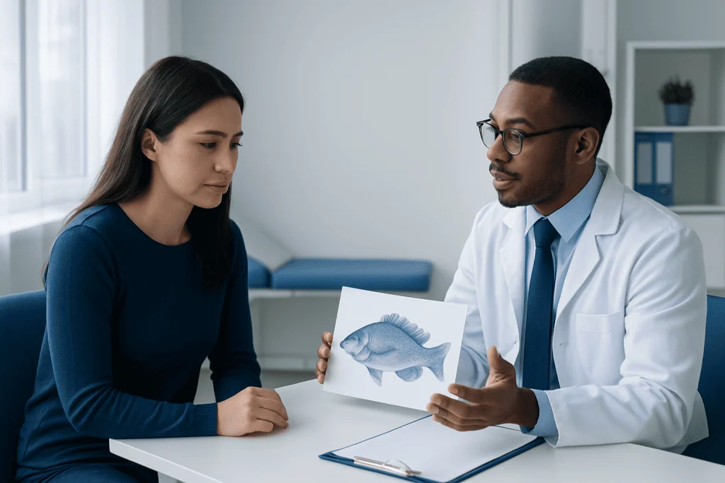 Doctor explaining fish health to patient in a medical consultation.